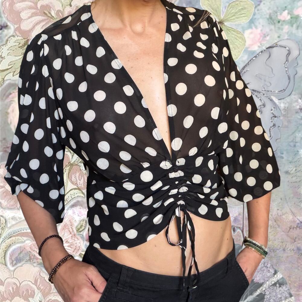 Med Polka Dot Ruched Crop Top Black White Sheer Boho Blouse